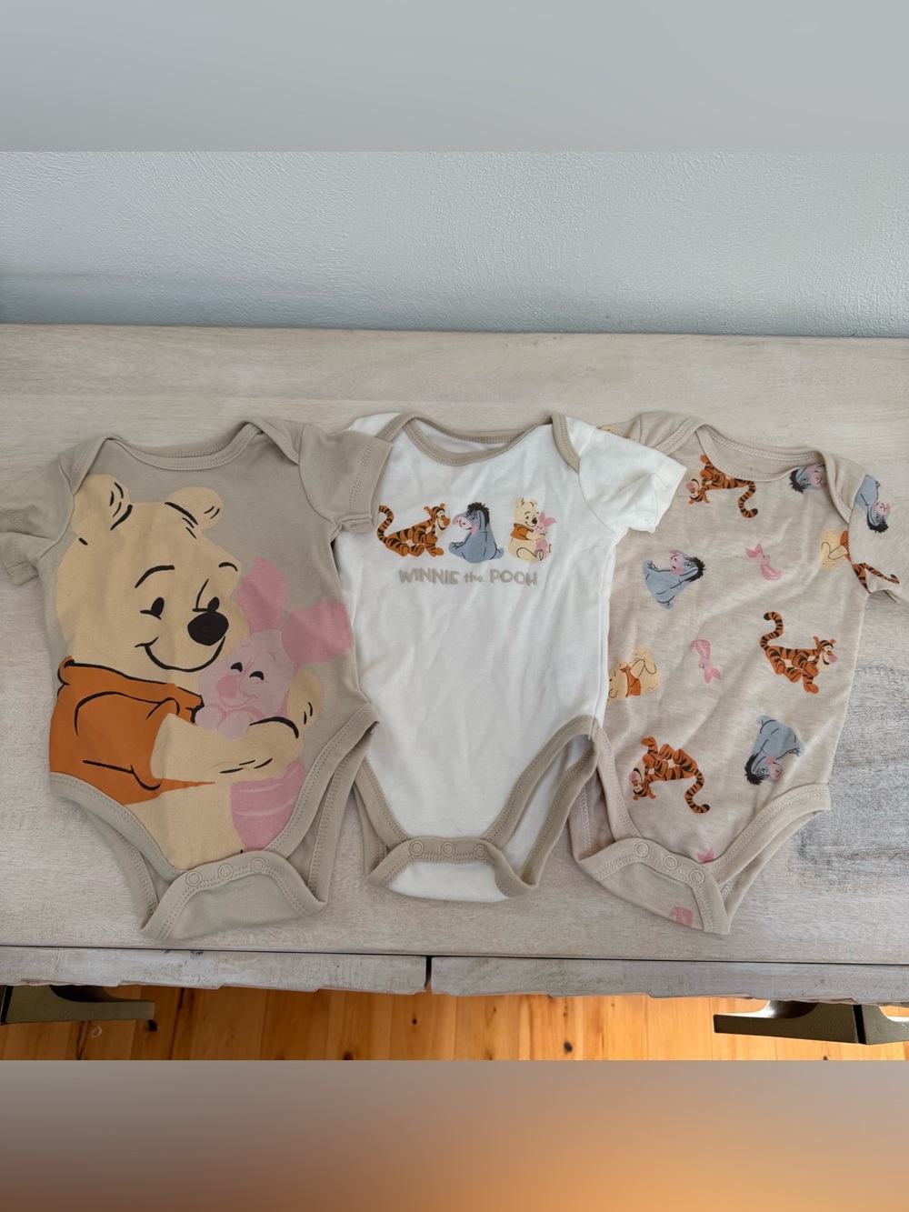 Disney Winnie the Pooh Beige & White Baby One-Piece Bodysuit Set of 3